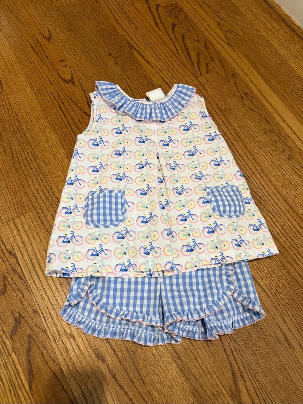 Blue Gingham-Trim Kids Set with Bicycle Print